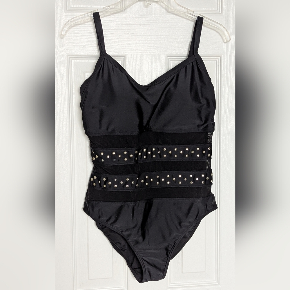 Simon Chang Women's (10) Black Swimsuit/Bathing Suit w/ Mesh & Gold Stud Accents